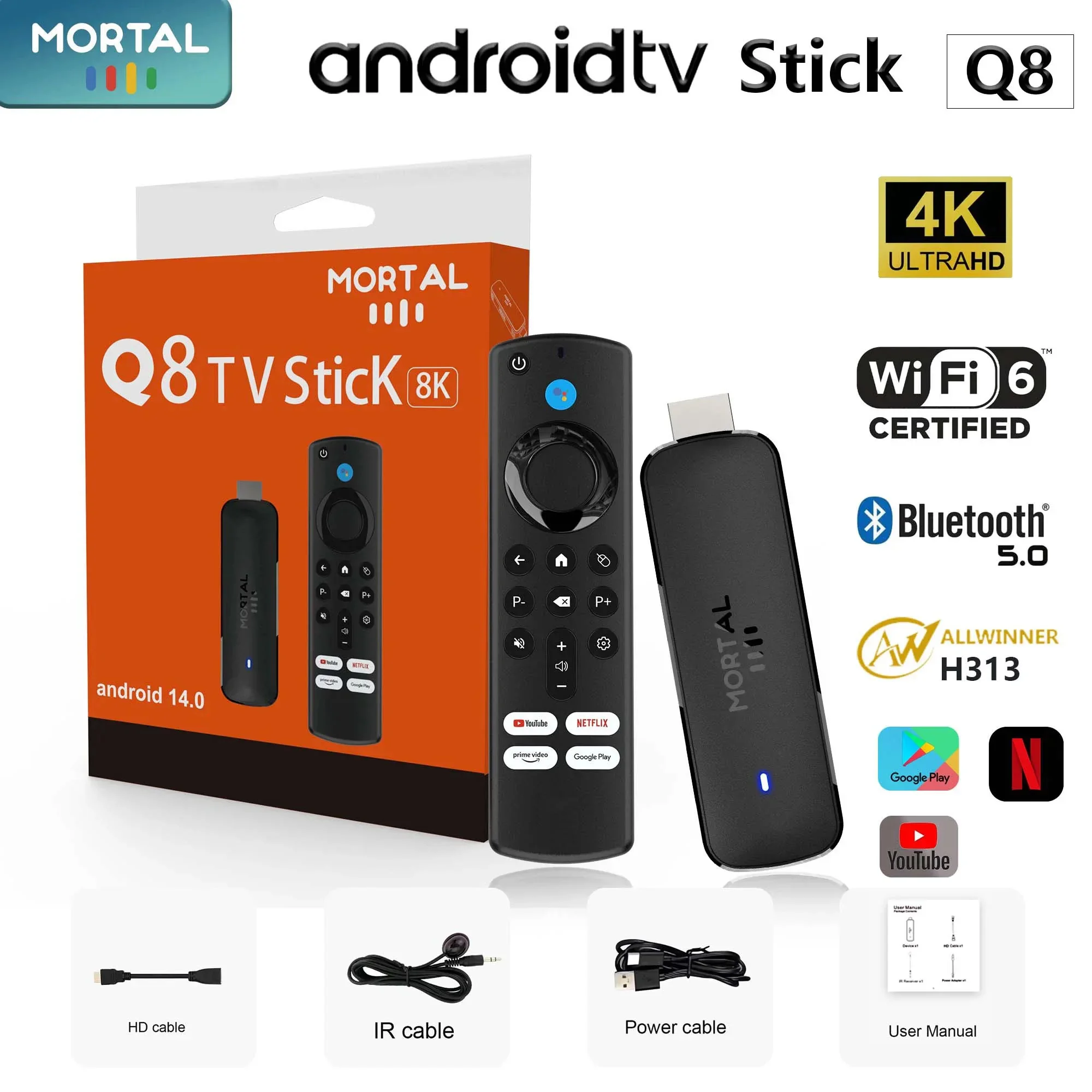 Android TV mini bar mortal q8 android14 admite 8k video 4k wifi6 allwinner h313 control remoto de voz de cuatro núcleos SMART chromecast
