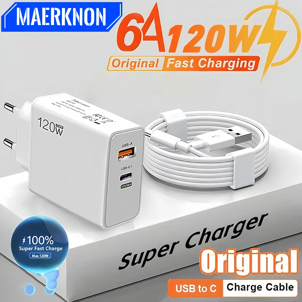 Cargador USB C de 120W PD, cargador de teléfono de carga rápida, adaptador de corriente, Cable tipo C para iPhone, Xiaomi, Samsung, cargador rápido con enchufe UE/EE. UU.