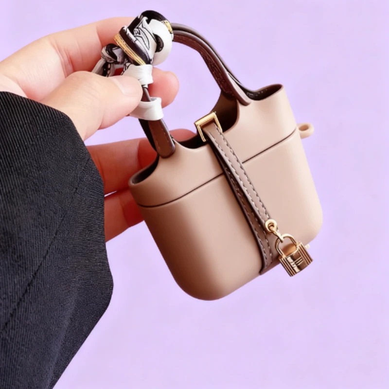 Funda protectora de cuero de nuevo estilo, carcasa suave, diseño creativo inspirado en Hermès, cesta y bolso tipo cubo para AirPods 1/2/3/Pro - imagen 2