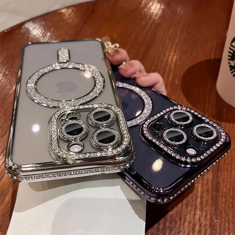 Nueva funda transparente de diamante brillante a la moda para iPhone 16 15 14 13 11 12 Pro Max 16 Plus cubierta de parachoques de carga inalámbrica magnética - imagen 5
