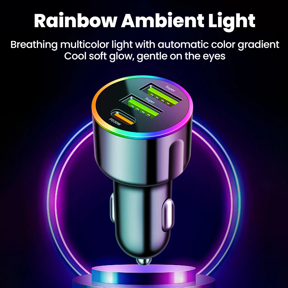 Cargador de coche colorido de 2/3/4 puertos, 60W, carga rápida, 2USB + 2PD, adaptador de cargador de teléfono para coche para iphone, Samsung, Huawei, Xiaomi - imagen 5