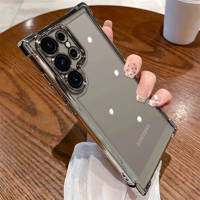 Funda de teléfono transparente HD chapada de lujo para Samsung Galaxy S24 S23 FE S22 Ultra Plus 5G, armadura a prueba de golpes, cubierta dura de parachoques suave - imagen 4