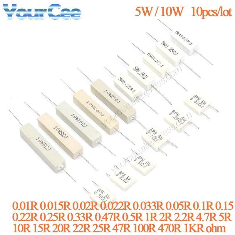 10 uds/5 uds 5W 10W resistencia bobinada de cerámica 0,1 0,22 0,15 0,5 2 5 8 10 15 20 25 47 100 470 1K Ohm 5 10 vatios resistencia de cemento - imagen 2