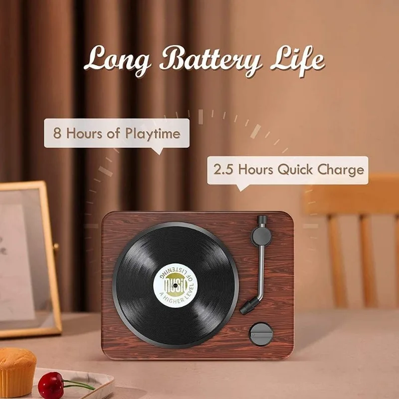 Altavoz portátil Bluetooth, reproductor de música inalámbrico, reproductor de discos Retro nostálgico, altavoces para vacaciones, regalos creativos Retro de madera - imagen 5