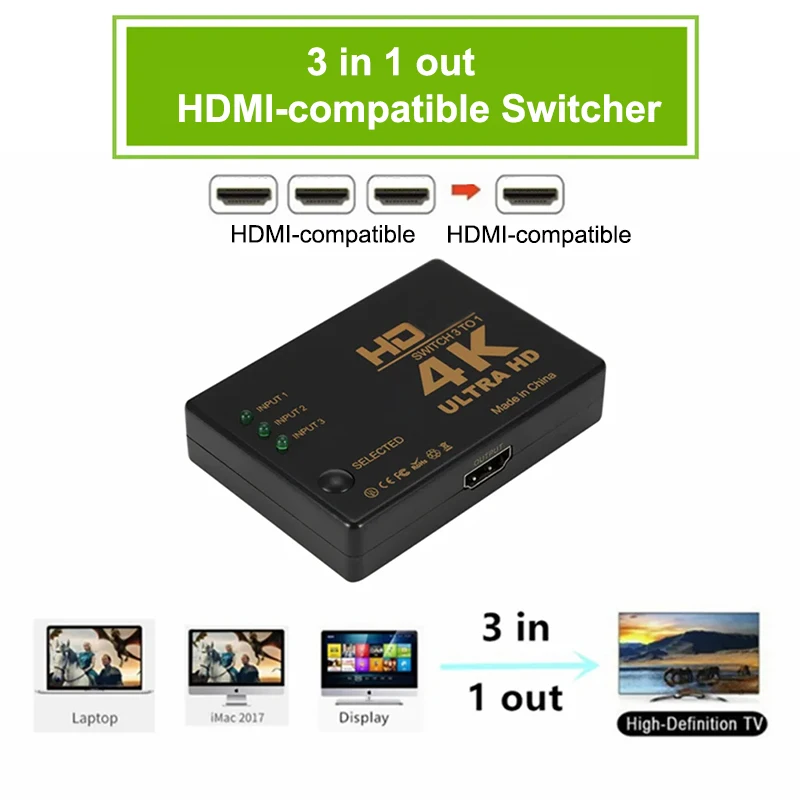 Conmutador 4K compatible con HDMI, 3 en 1, salida Full HD 1080P, divisor de Cable de vídeo, convertidor adaptador de concentrador 1x3 para TV Box, HDTV y PC - imagen 2