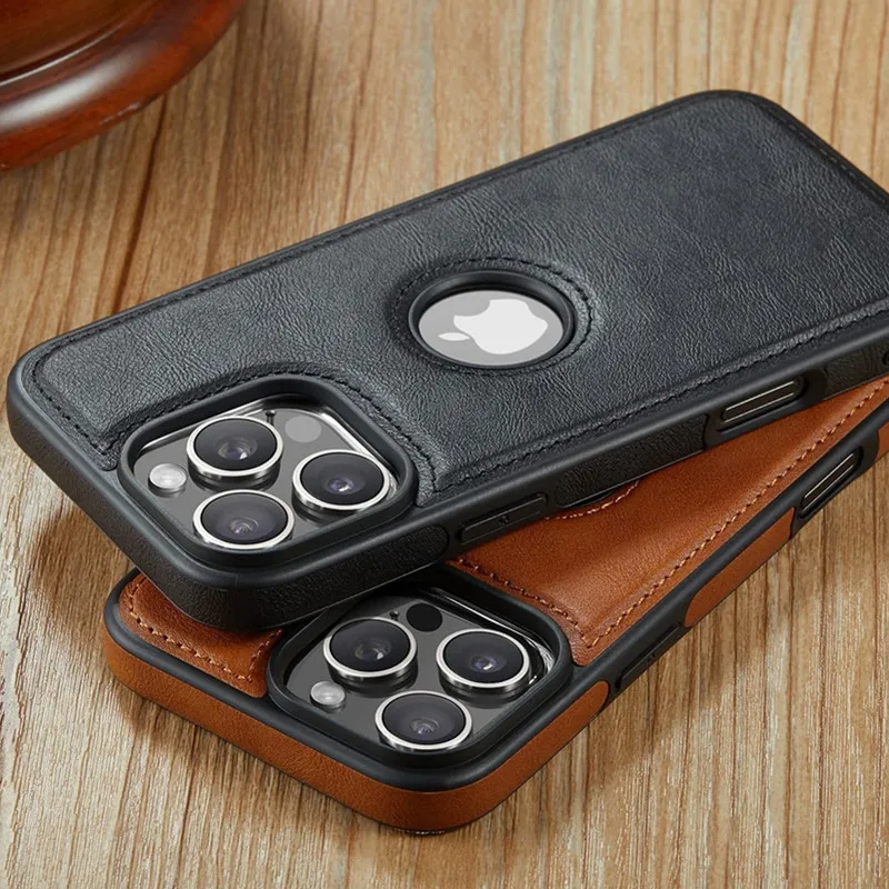Funda de teléfono de cuero de negocios para IPhone 15 14 13 11 16 Pro Max Plus 12 Mini 16e 15Pro 16Pro I16 ProMax cubierta delgada delgada con orificio para logotipo