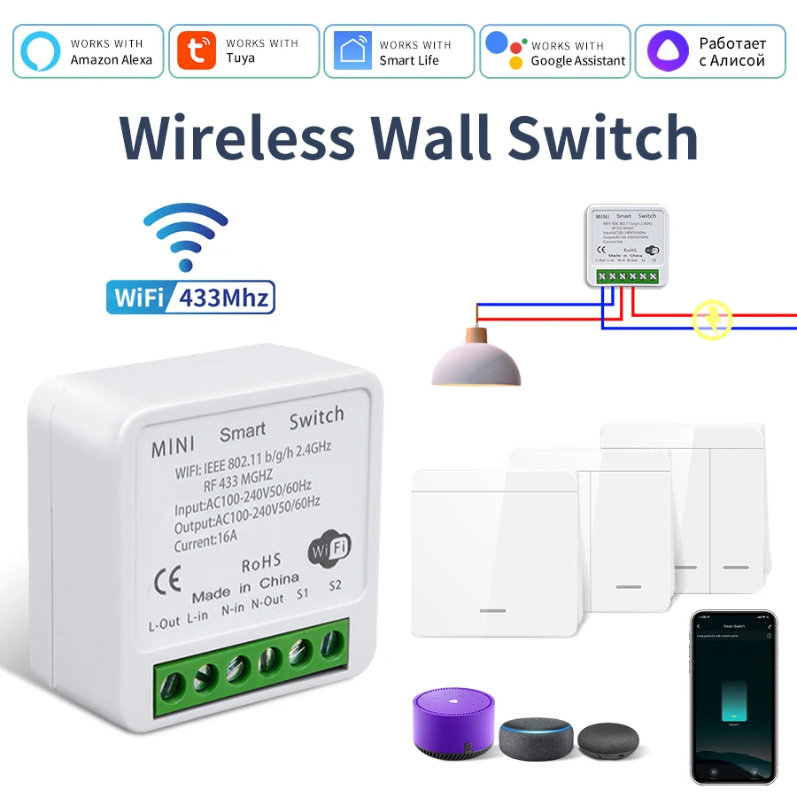 Tuya-interruptor WiFi inteligente, módulo DIY inalámbrico RF433MHz, 1/2/3 entradas, Panel de pared, aplicación de Control por voz con asistente de Google Alexa - imagen 2