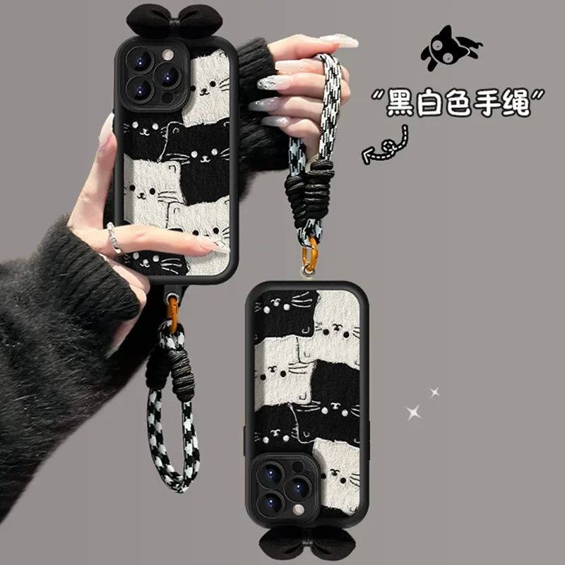 Patrón de gato negro blanco de dibujos animados con funda con cordón colgante para Google Pixel 10 9 8 7 Pro 5G Pixel 7A 8A 9 Pro XL contraportada de teléfono - imagen 3