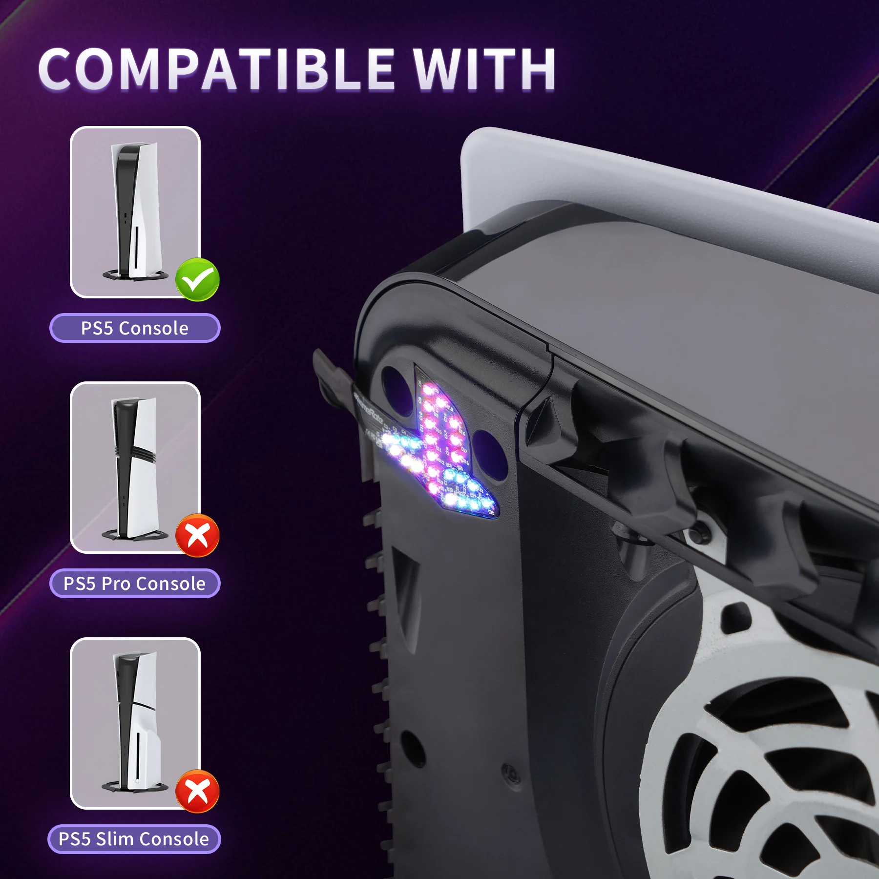 eXtremeRate para consola ps5 (serie 2020 CFI-1) Kit LED con logotipo RGB arcoíris, 40 efectos para disco PS5 y consola de edición digital - imagen 2