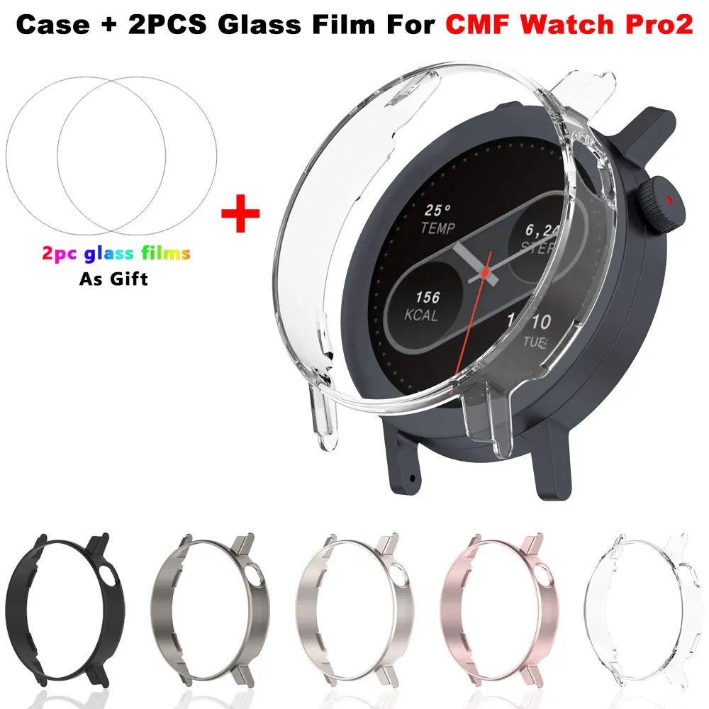Funda protectora 2 en 1 + Protector de pantalla para CMF Watch Pro 2, cubierta protectora de PC suave, marco de carcasa, película de vidrio templado