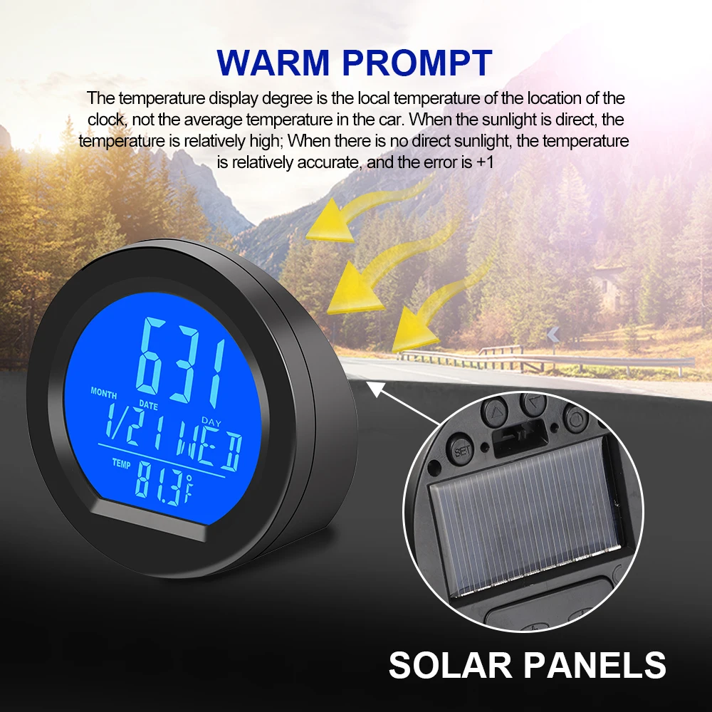 Reloj Digital Solar para coche, termómetro con fecha y semana, pantalla LCD luminosa para salpicadero de coche, con palo interno - imagen 5