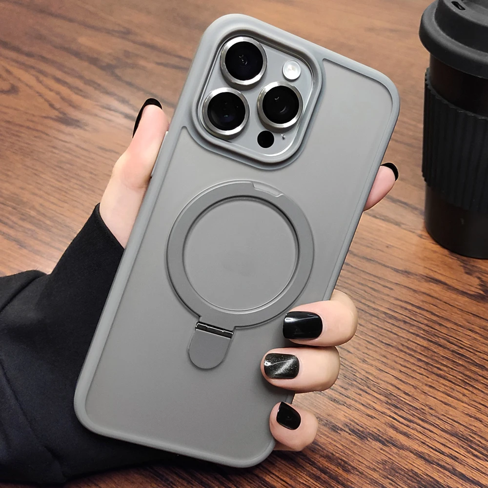 Funda de teléfono de carga inalámbrica magnética con soporte de Metal de lujo para iPhone 11 12 13 14 15 16 17 Pro Max Air Plus cubierta mate a prueba de golpes - imagen 4