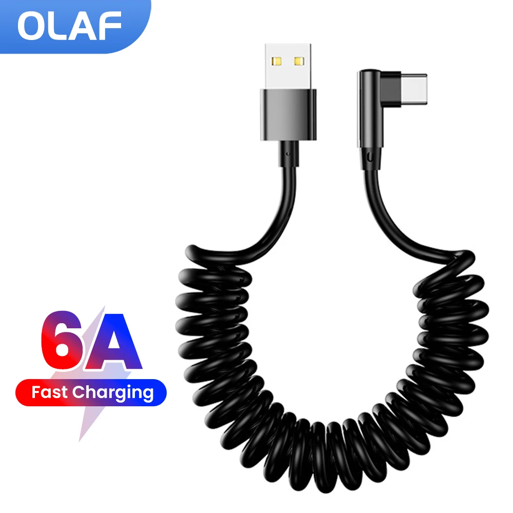 Cable de datos de resorte USB A a tipo C, codo 6A, Cable de carga rápida para Huawei, Cable cargador de teléfono de 1M y 1,8 M para iPhone 15 16 17 Samsung