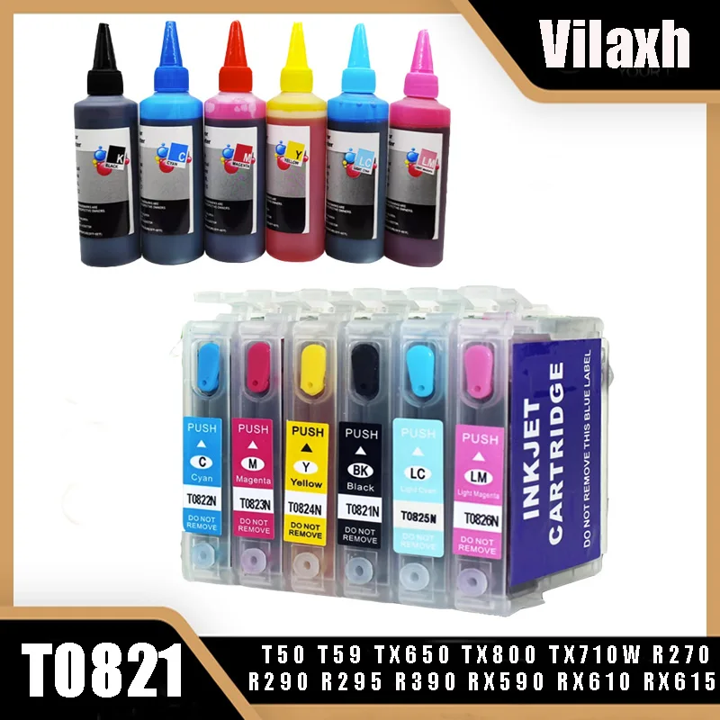 Vilaxh-cartucho de tinta de 6 colores para impresora Epson T0821 XL Stylus, RX610, RX615, RX690, 1410, TX650, TX659, kit de botella de tinta de 600ml