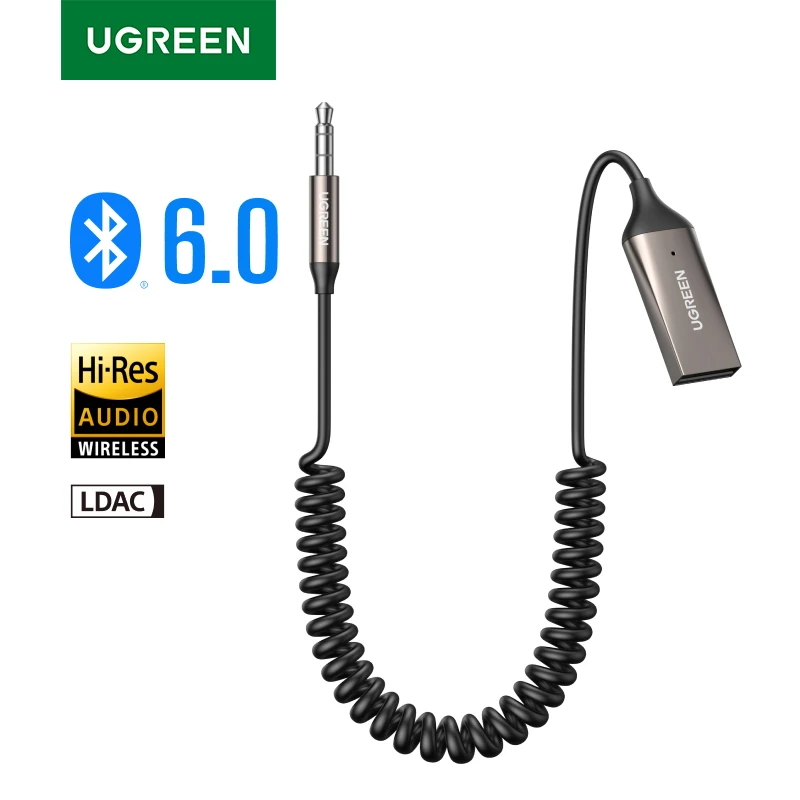 UGREEN Adaptador Aux a Bluetooth 6,0 Receptor Bluetooth de 3,5 mm LDAC Audio de alta resolución para coche Kit de conector USB a 3,5 mm con micrófono Aux