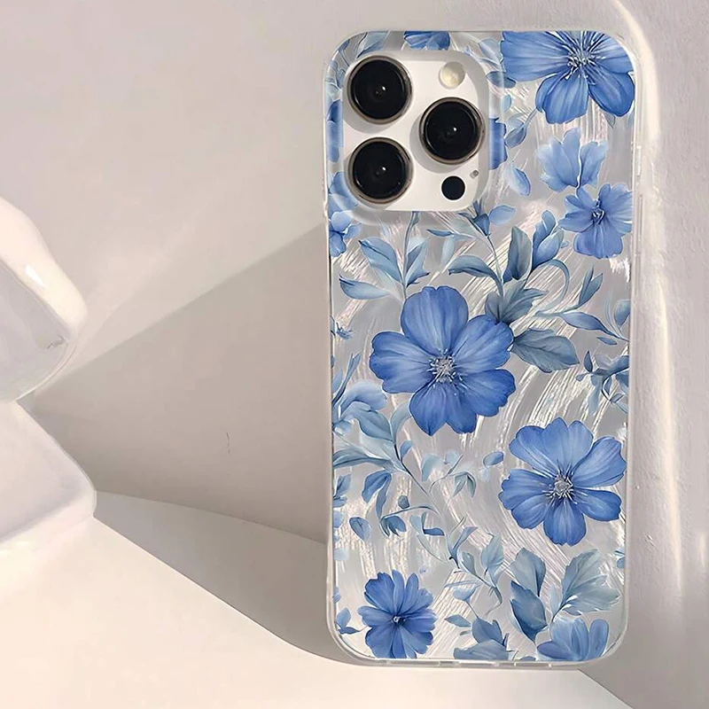 Funda de teléfono con patrón Floral azul a la moda para Samsung Galaxy S25 S24 S23 S22 Ultra Plus S21FE A55 A54 A15 A35 A16 A56 A36