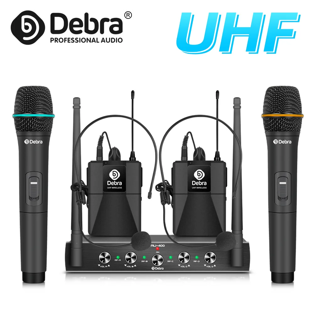 Sistema de micrófono Inalámbrico UHF, 4 canales, AU-400, portátil, y auriculares Lavalier, alcance de 80m, para Karaoke, KTV, Iglesia - imagen 2
