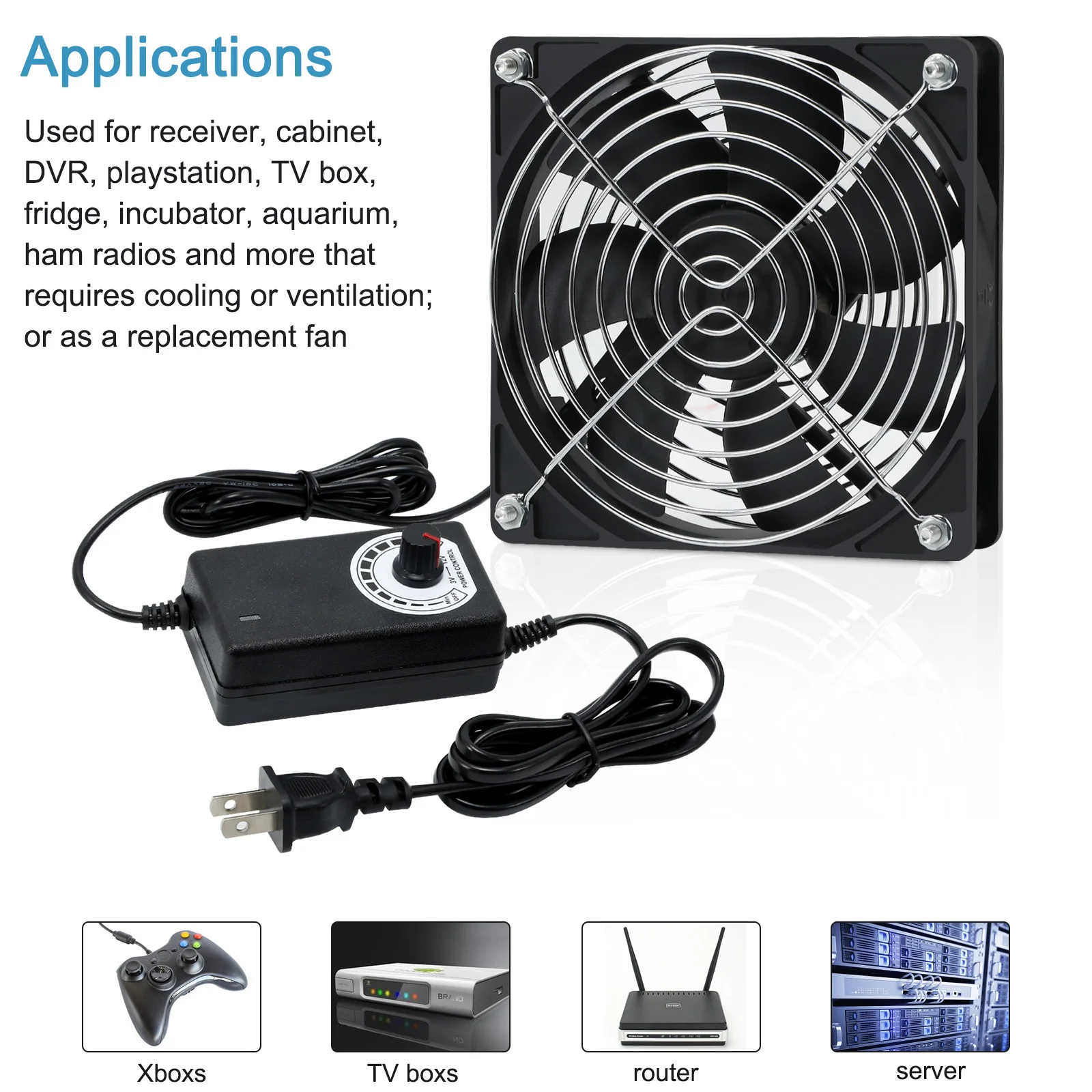 Ventilador de ordenador con controlador velocidad, cable alimentación enchufe CA 120 V, 110V a CC 3V-12V, 2A, refrigeración escape, enrutador, cultivo plantas tienda - imagen 4