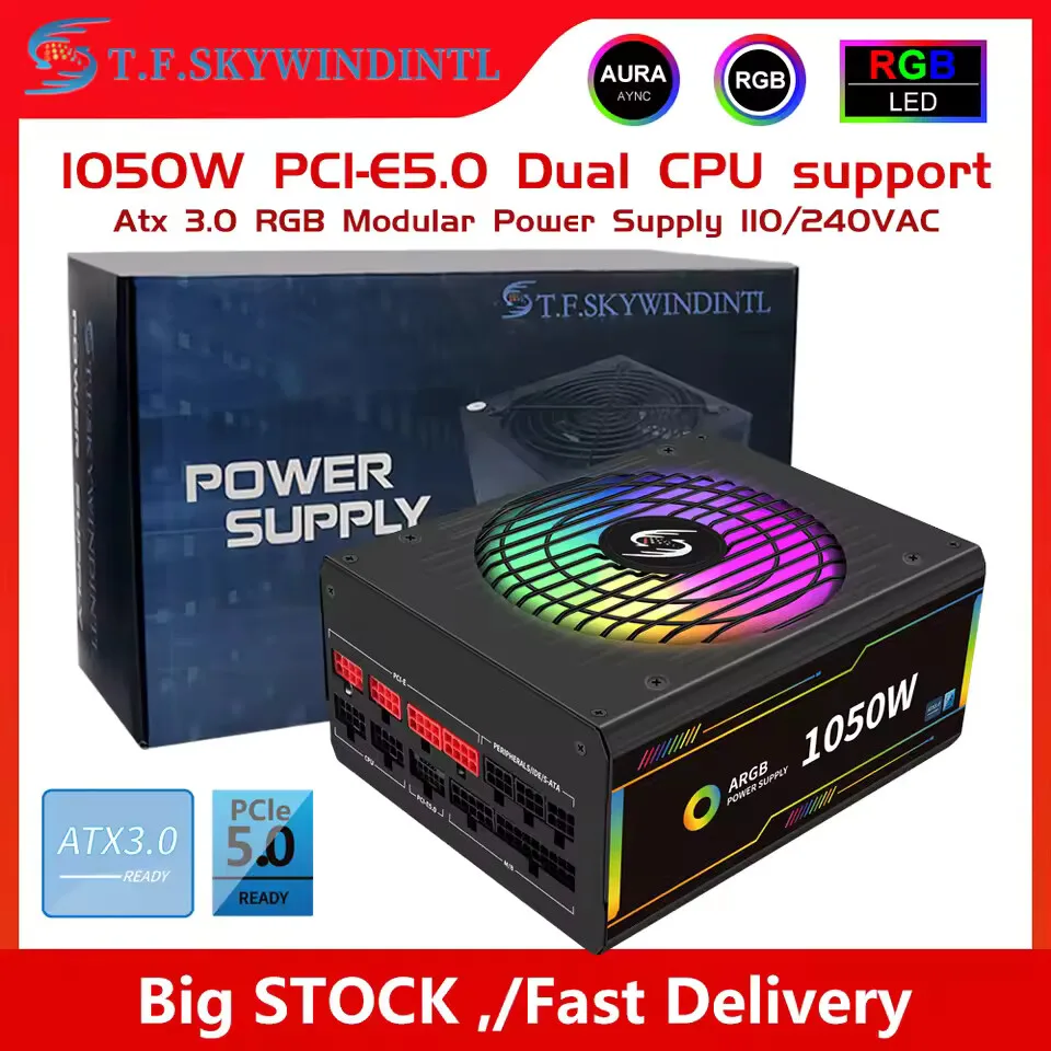 Fuente de alimentación para juegos PCIE 5 y ATX 3,0 de 1050W, conectores ATX PSU 12VHPWR completamente modulares en fuente de alimentación de bajo ruido PCIE 5,0