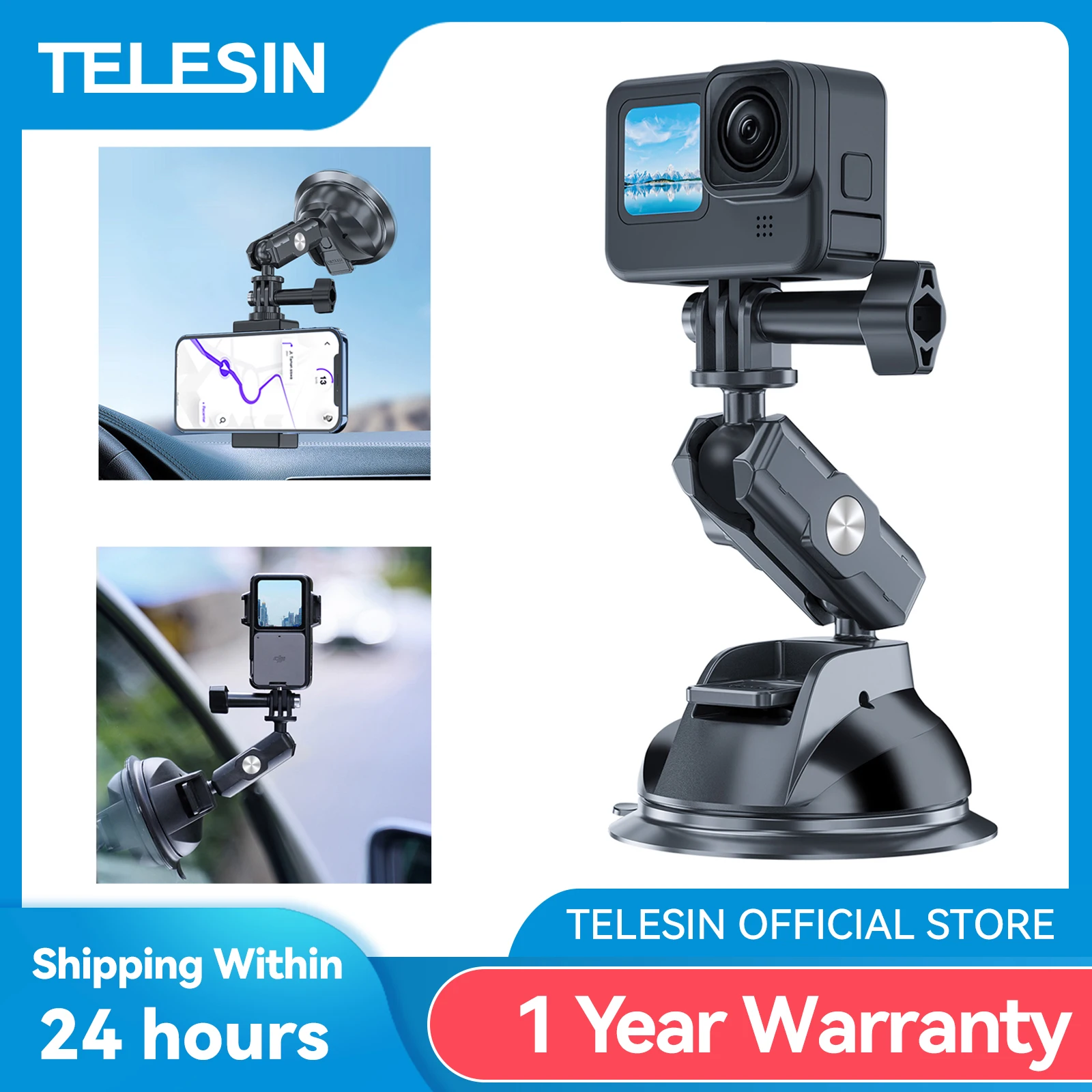 TELESIN-soporte de Cámara de Acción para coche, adaptador estándar ajustable 360, ventosa, para GoPro Insta360 DJI Action, teléfono inteligente