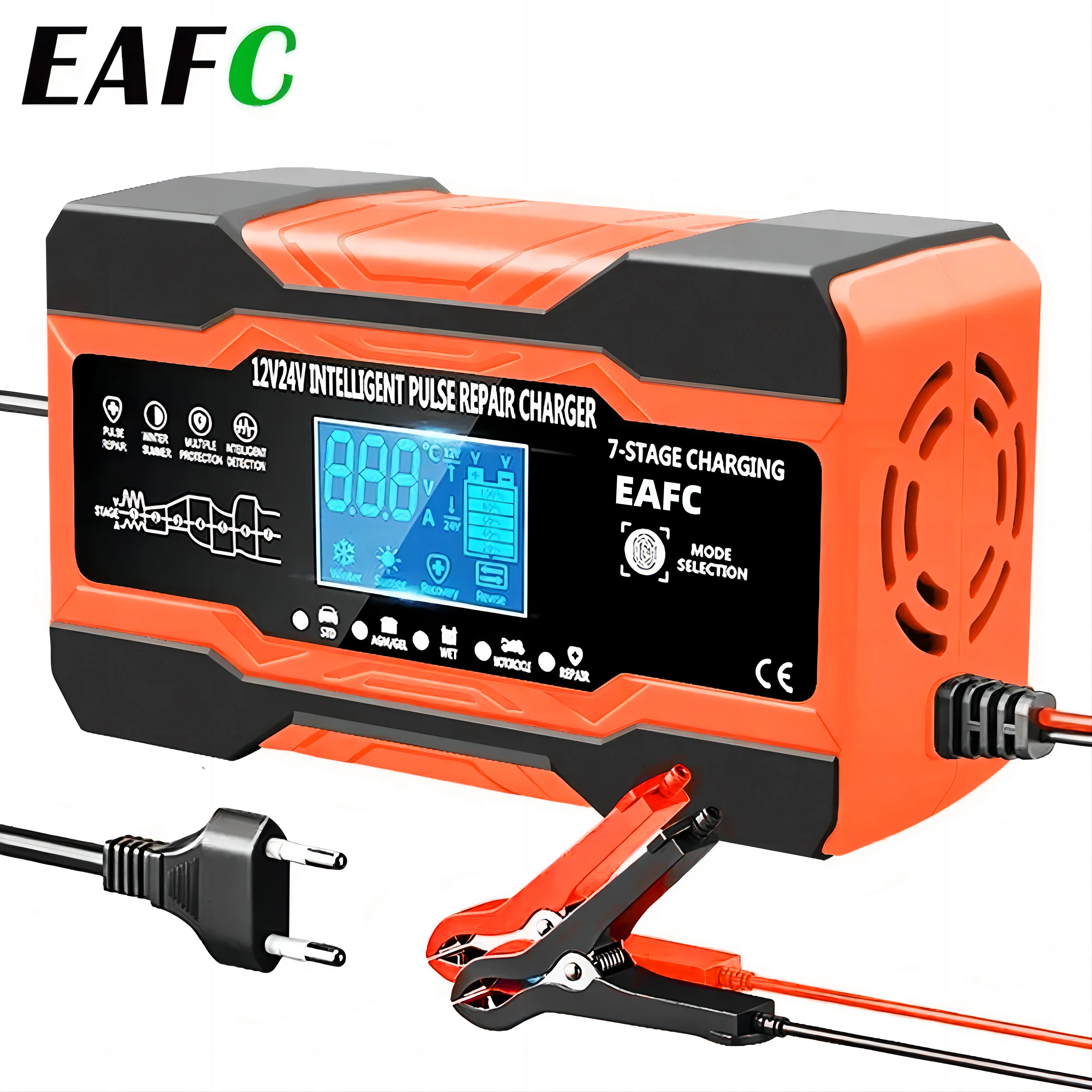 Cargador de batería de coche, carga de 12V 12A para baterías de coche, reparación de pulso de carga de 7 etapas para pantalla LCD de plomo y ácido húmedo de GEL AGM