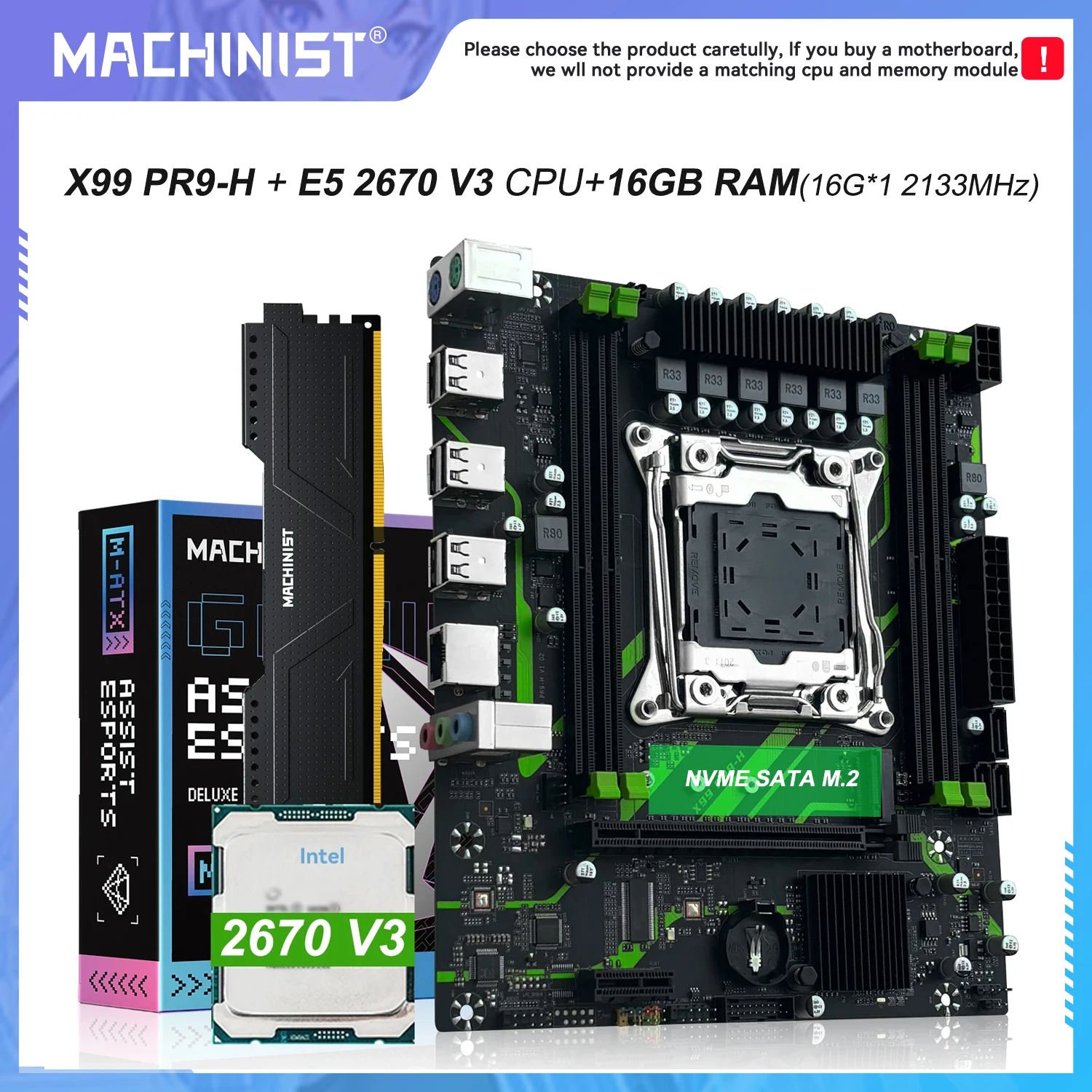 PR9-H MACHINIST X99 kit de placa base y juego LGA 2011-3 Xeon E5 2670 V3 procesador de CPU 16G DDR4 2133mhz ECC memoria RAM nombre M.2 - imagen 2