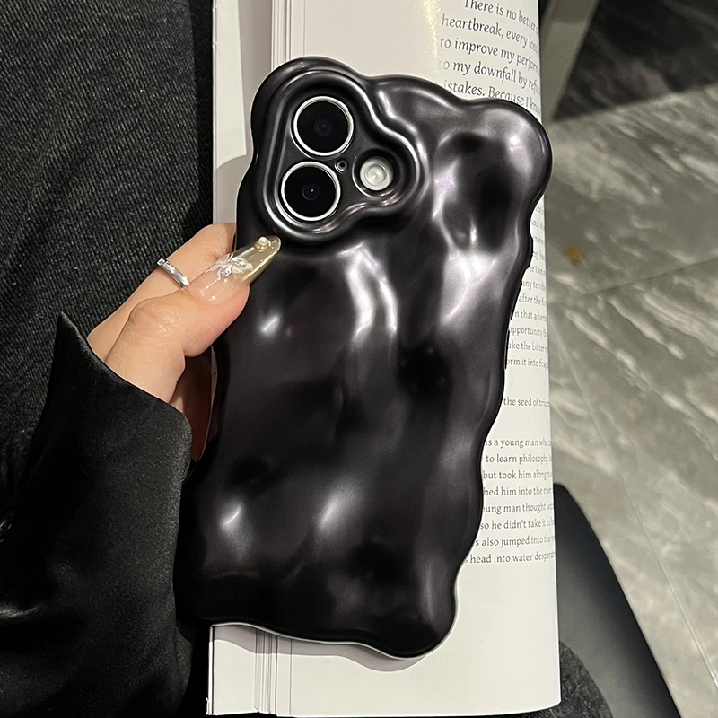 Elegante funda trasera con textura de onda rizada 3D negra mate para iPhone 16 Pro Max 17 Air 15 Plus 13 14 12 11 - imagen 2