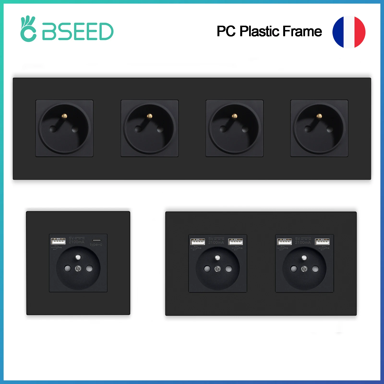 BSEED-enchufe de pared francés, interfaz de carga USB Dual tipo C para teléfono/PC, marco de plástico, toma de corriente francesa de 250V
