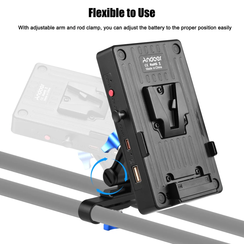 Andoer V 마운트 배터리 플레이트, V 락 배터리 어댑터 플레이트, 65W PD 고속 충전 암, 8V, 12V, 15V DC 출력, D-탭 출력 액세서리 - imagen 3