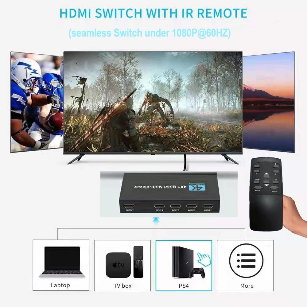 HDMI multivisor 4K 4x1 HDMI quad viewer 4 en 1, conmutador HDMI multivisor sin costuras con control remoto y escalador - imagen 4
