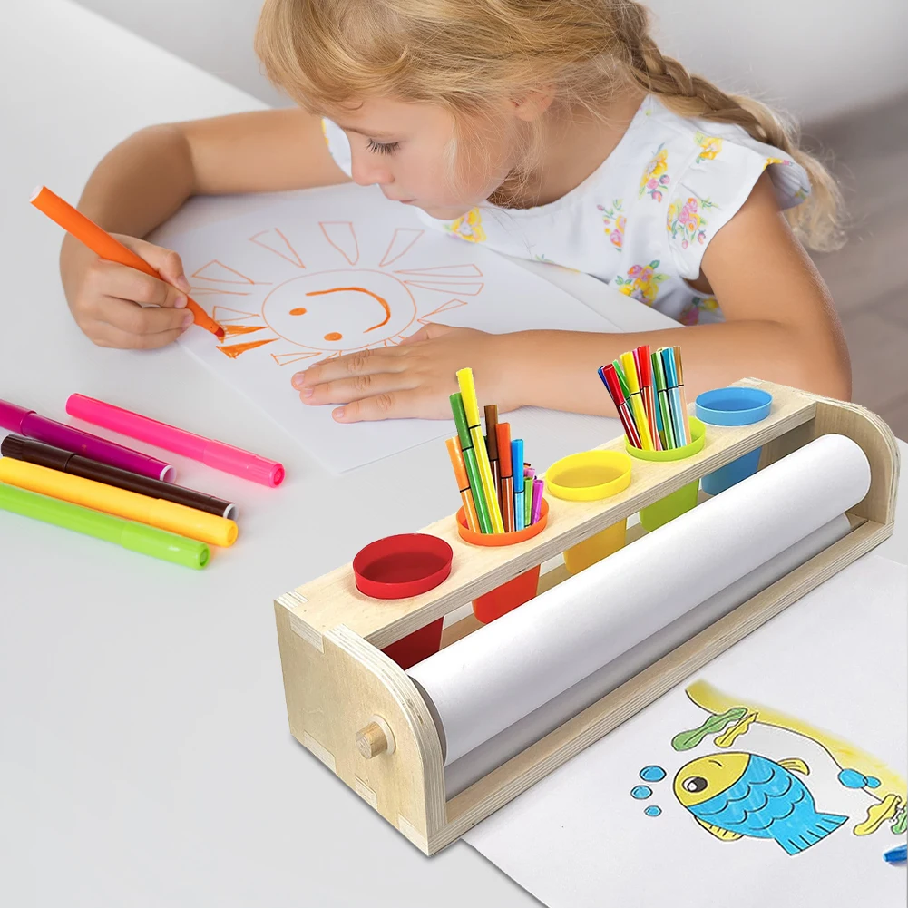 Dispensador de rollos de papel artístico con rollo de papel y vasos de lápiz, caballete de rollo de papel, estante de papel de rollo de almacenamiento de madera maciza para niños, caballete de escritorio - imagen 4