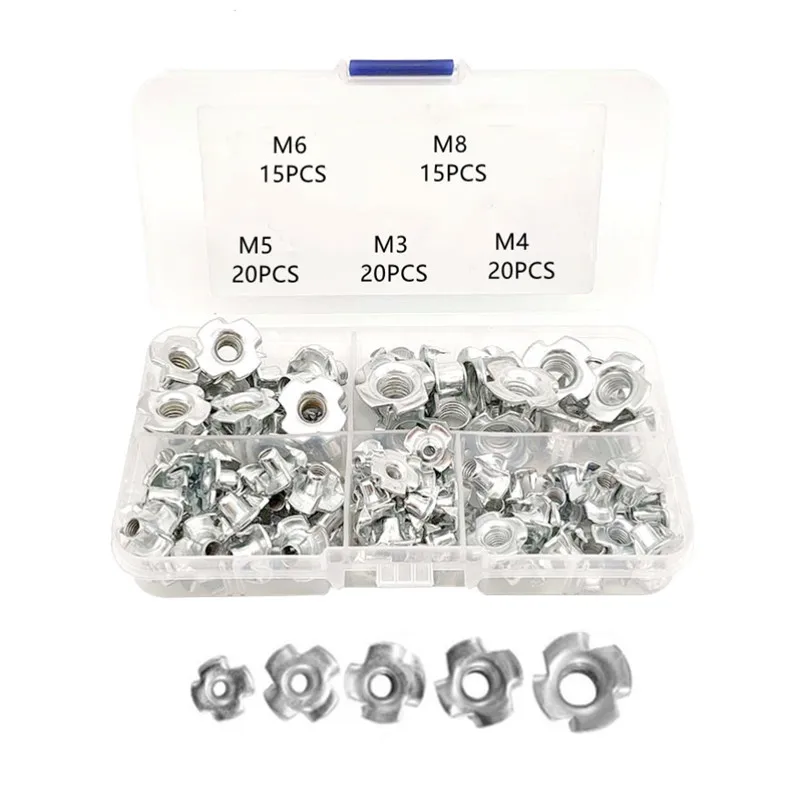 Kit de tuercas de 4 garras en T para madera (90 uds, M3-M8)