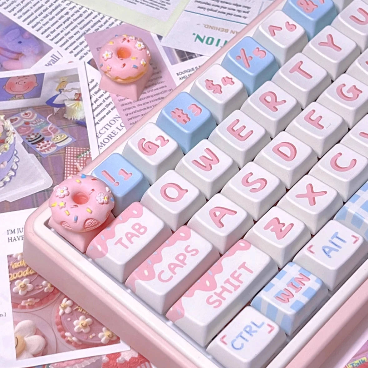 Teclas de lazo rosa, teclas de Donut de comida personalizadas, Teclado mecánico de eje transversal, juego Diy para niñas, teclas de corazón femeninas rosas bonitas - imagen 2