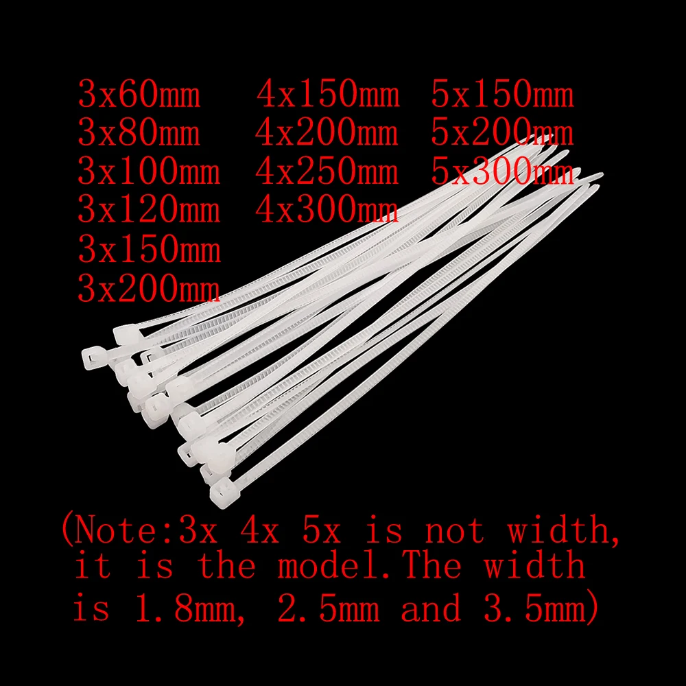 Bridas de plástico de nailon con autosujeción para cables, bridas blancas de 3x60-5x300mm, tamaño surtido, Kabelbinder para interiores y exteriores, 100 unids/lote - imagen 3