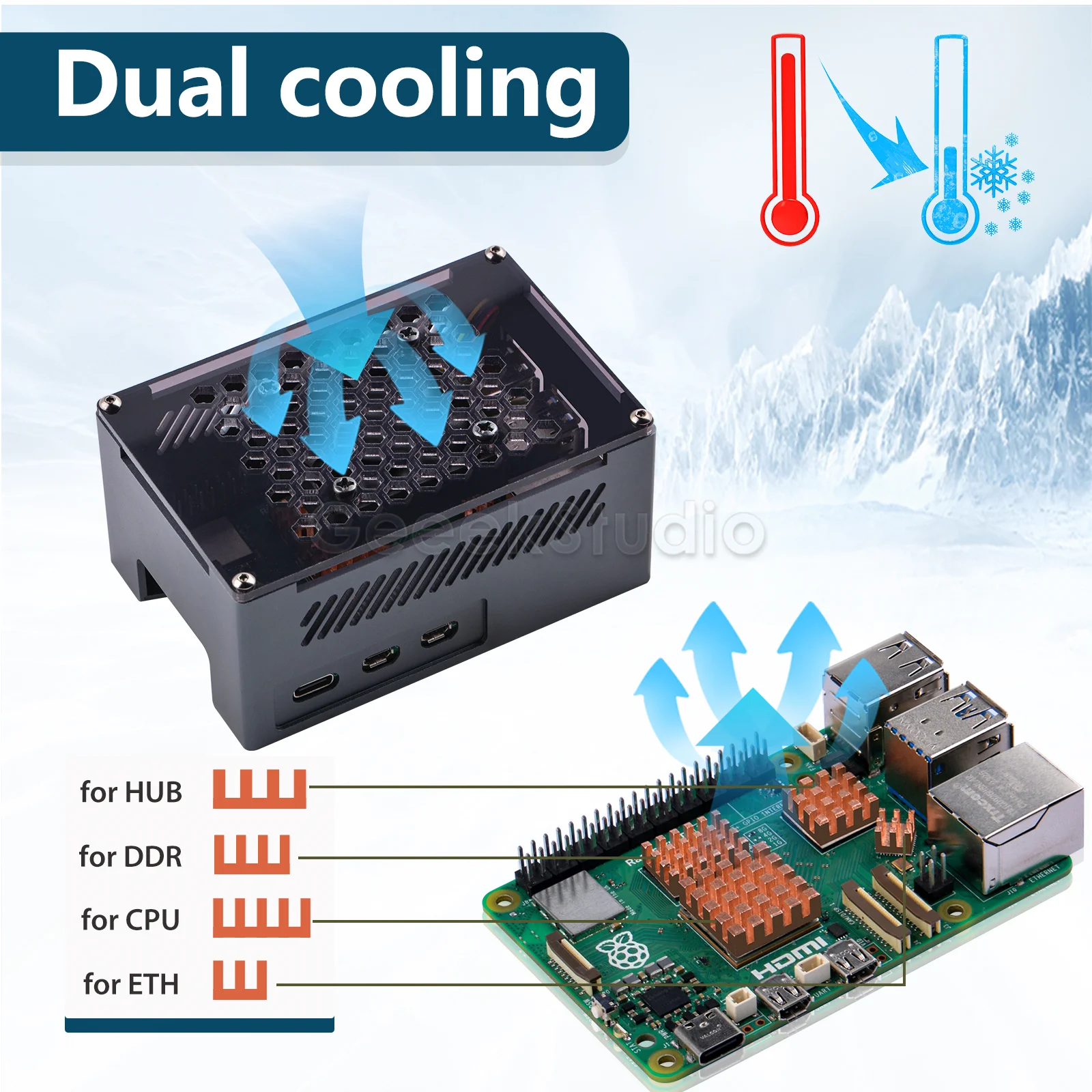 Carcasa de aluminio Raspberry Pi 5 con disipadores de calor de ventilador de refrigeración para RPI 5 - imagen 2