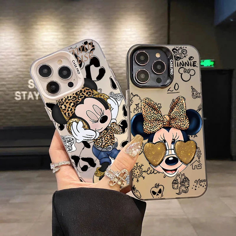 Funda galvanizada Minnie con estampado de leopardo de dibujos animados para Iphone 17 16e 16 15 14 13 12 11 Pro Max Plus 17 Air, funda de lujo a prueba de golpes - imagen 2