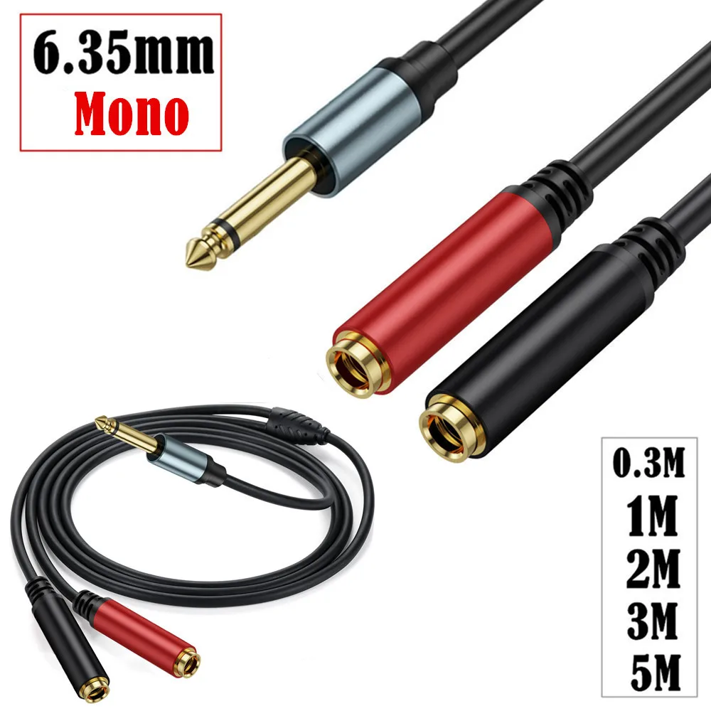 Cable Y divisor Mono TS de 1/4 pulgadas, enchufe macho Mono de 6,35mm a conector hembra Dual de 6,5mm, carcasa de aleación de aluminio chapada en oro