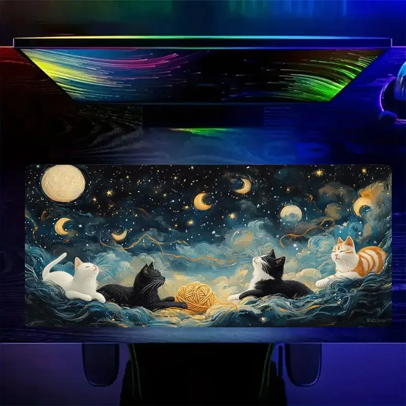 Alfombrilla de ratón con diseño de gato inspirado en la noche estrellada, accesorios de escritorio de PC antideslizantes de goma grande, alfombrilla de ratón para decoración de teclado de oficina y jugadores - imagen 3