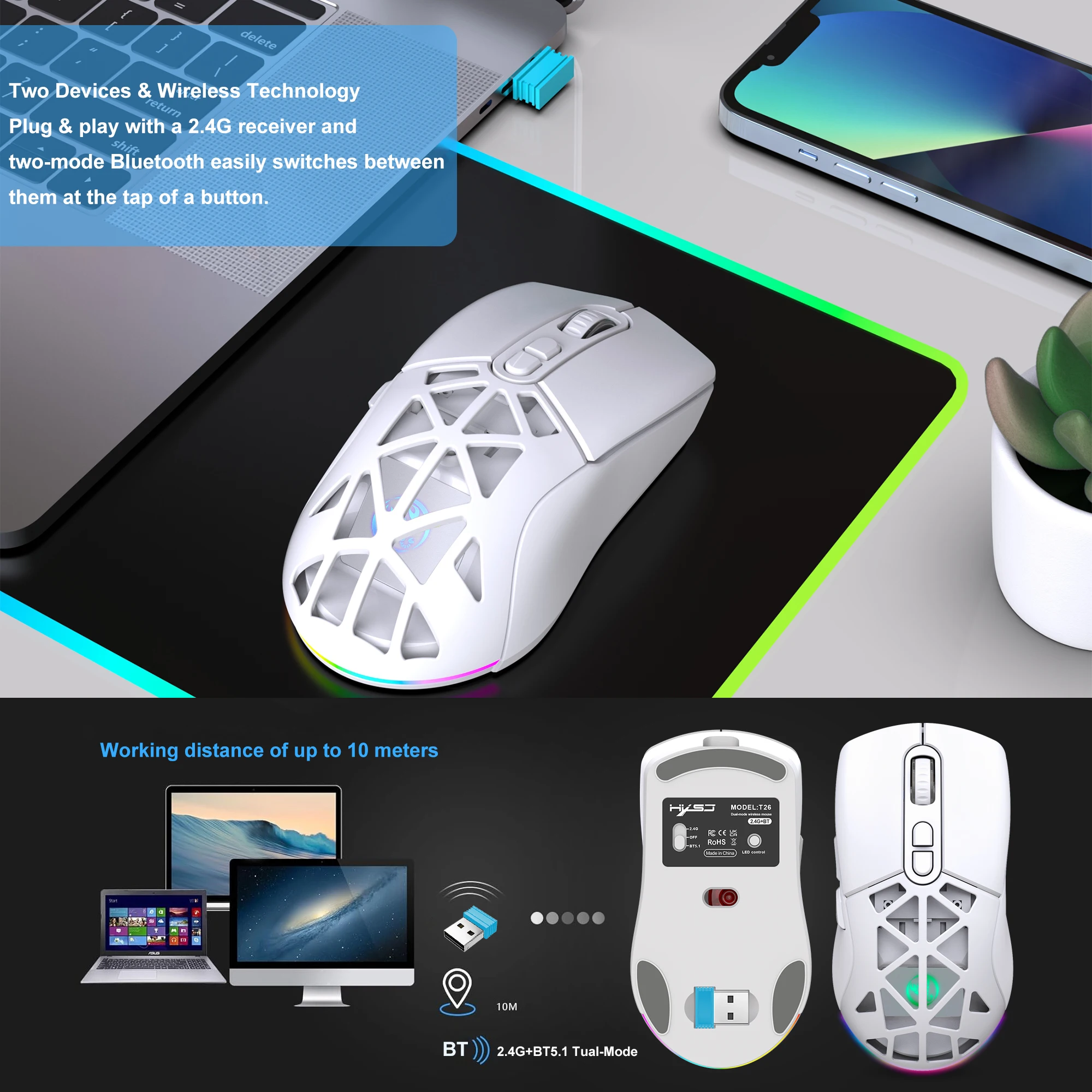 Ratón para juegos con Bluetooth y 2 modos, recargable, 2,4G, USB, inalámbrico, RGB, retroiluminación, ligero, para iPad, tableta, ordenador portátil - imagen 3