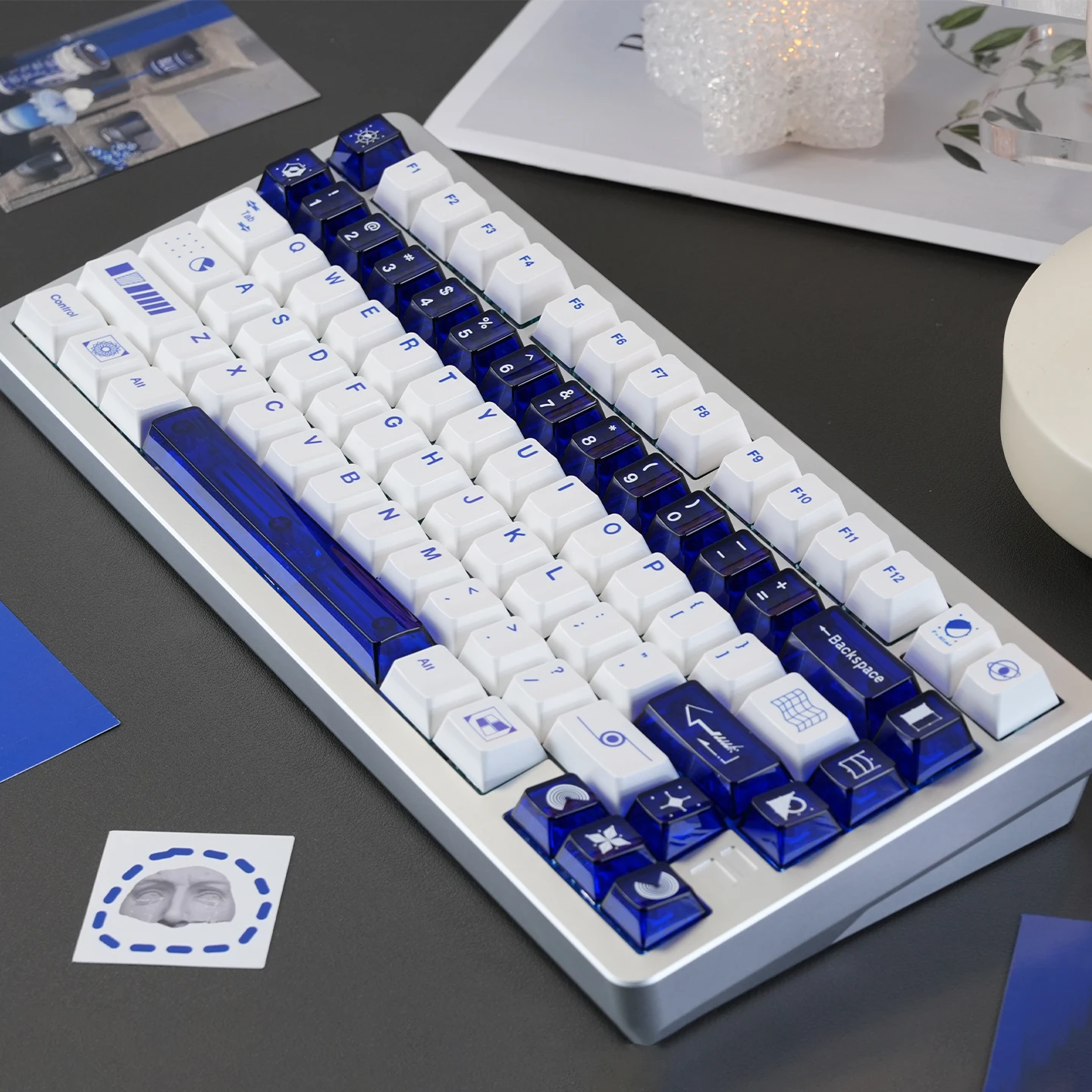 Teclas simples azules y blancas Pc Pbt tema geométrico juego completo de teclas de teclado con textura cerámica - imagen 4