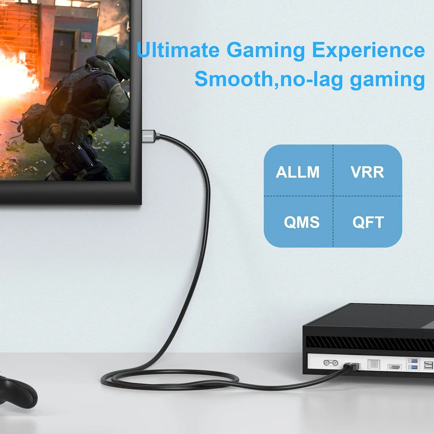 Una caja negra con un cable conectado y una pantalla de TV