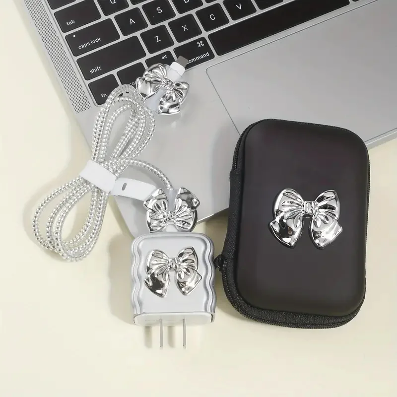 Conjunto de bolsa de almacenamiento EVA con lazo plateado 3D de lujo, funda de cargador para IPhone 11, 12, 13, 14, 18W-20W, funda protectora de carga - imagen 2