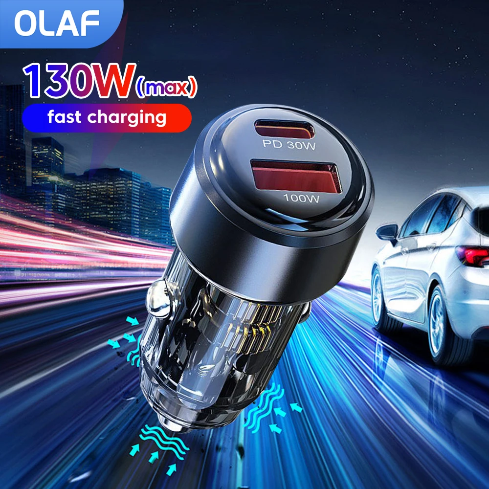 Olaf 130W PD cargador de coche USB tipo C adaptador de teléfono de coche de carga rápida para iPhone 16 15 Xiaomi Huawei Samsung S21 carga rápida 3,0