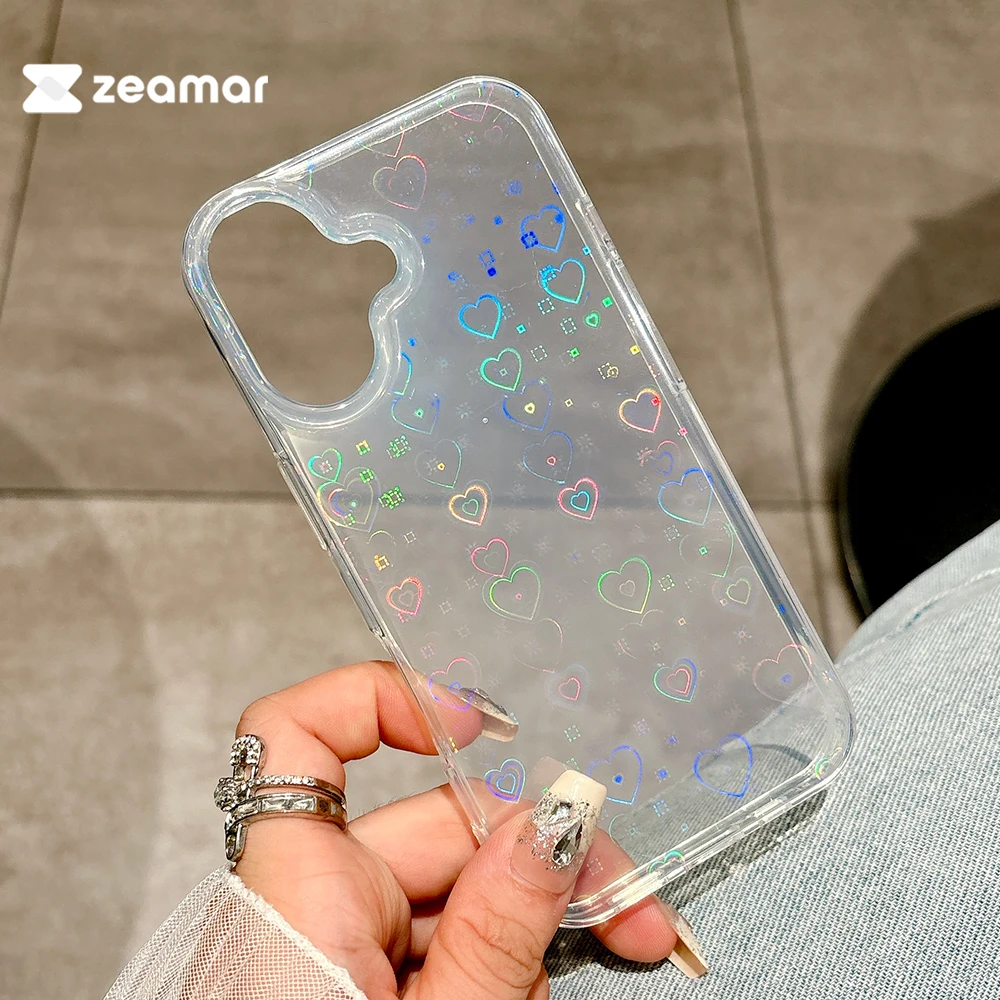 Funda transparente holográfica con forma de corazón de amor para iPhone 16 15 14 13 12 Mini 11 Pro X XS XR Max 8 7 Plus SE, funda de silicona a prueba de golpes - imagen 2