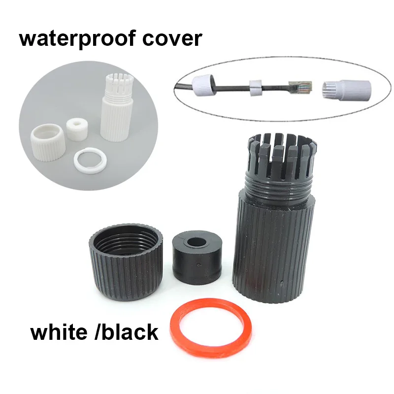 Cubierta protectora de tapa de conector impermeable RJ45 blanco y negro para red exterior para cámara IP poe Cable Pigtail cámara IP
