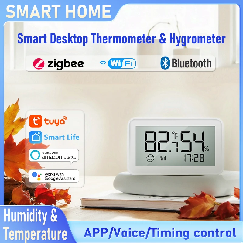 Sensor inteligente de temperatura y humedad de escritorio Tuya con pantalla LCD, aplicación remota de monitoreo Integra para hogar inteligente, funciona con Alexa/Google