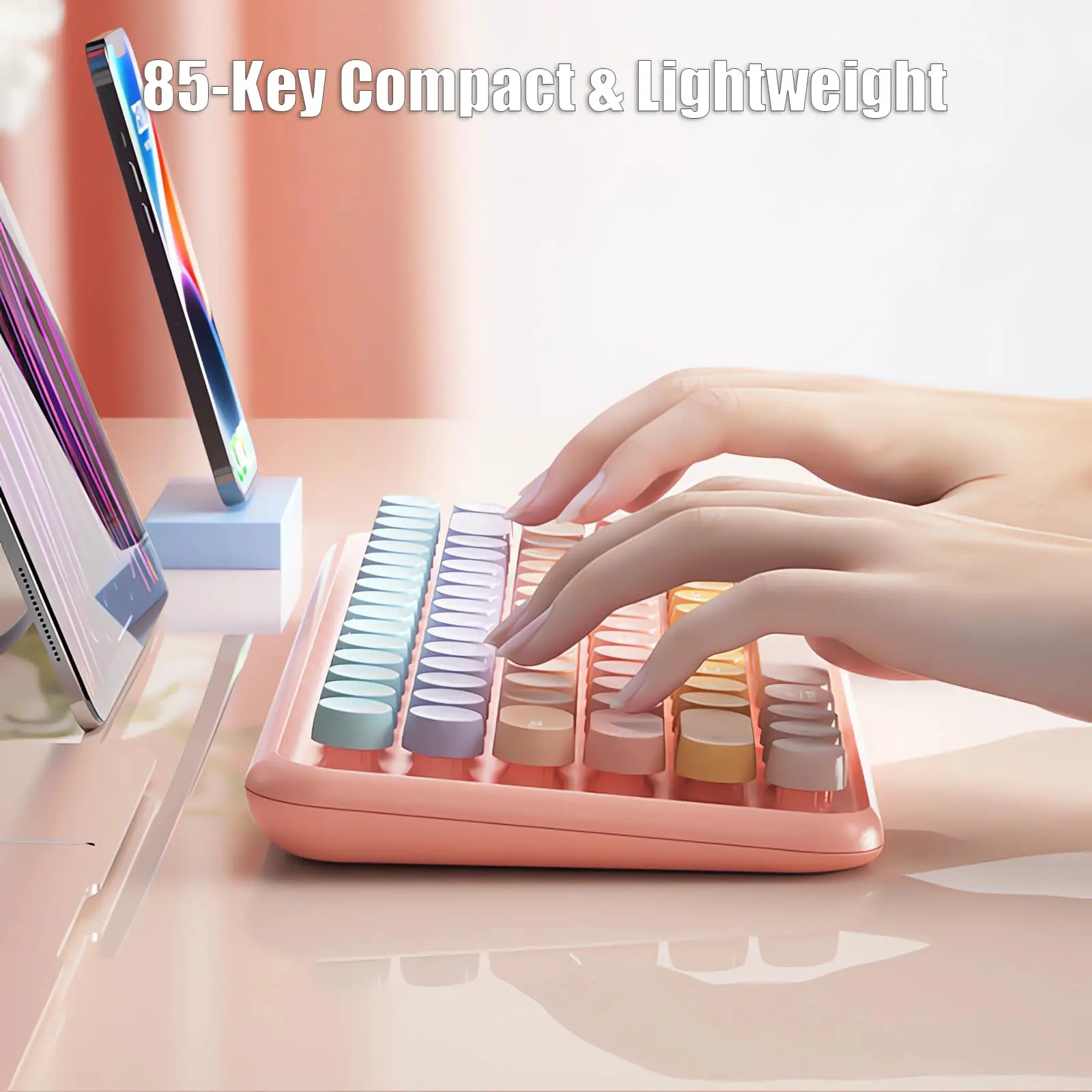 Teclado inalámbrico ergonómico Bluetooth de tres modos para PC/portátil/tableta, teclado compacto con teclas redondas recargables de 85 teclas - imagen 5