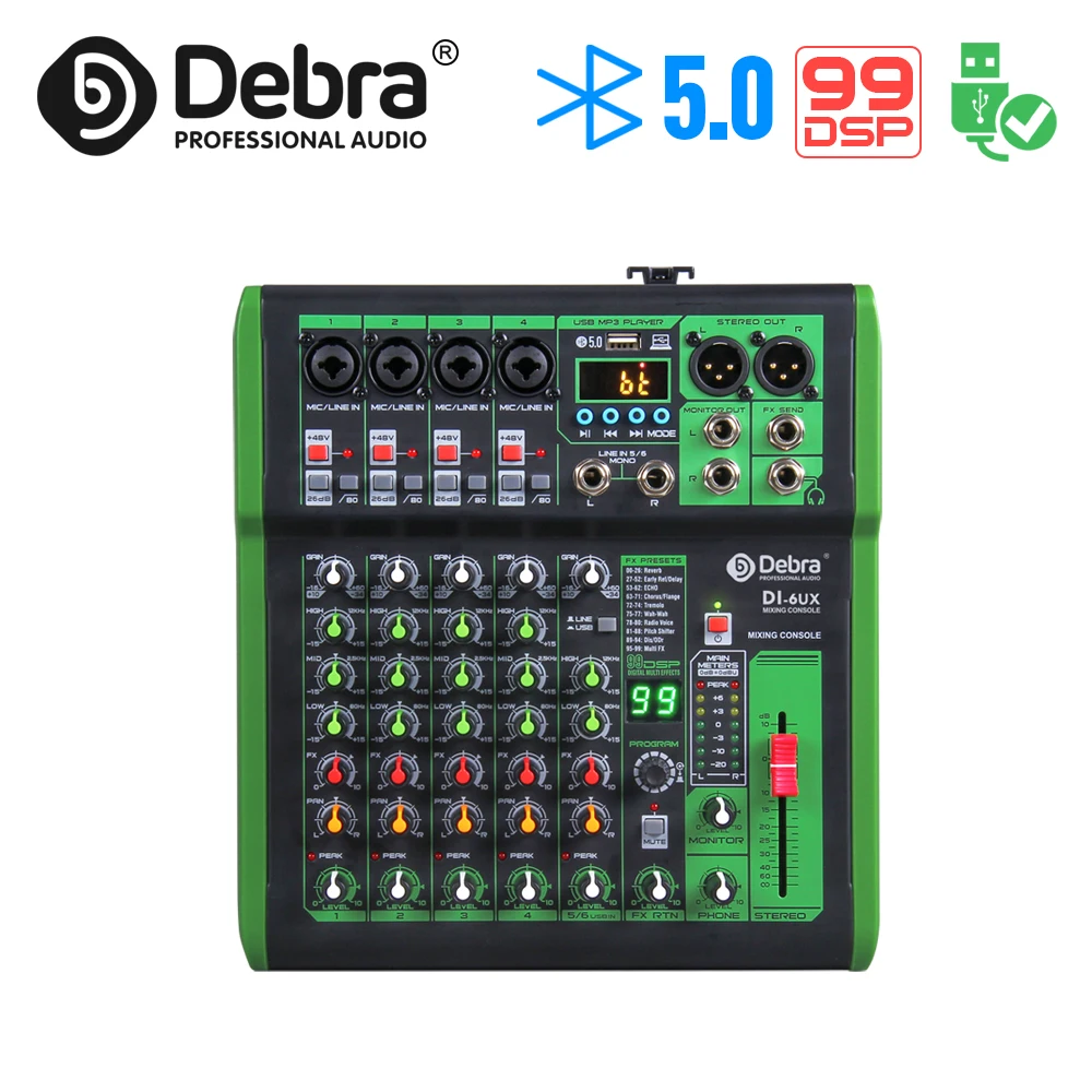 Mezclador de Audio Debra, consola de DJ con efecto Digital 99DSP, alimentación fantasma de 48V, USB MP3 para grabación de Karaoke y PC - imagen 2