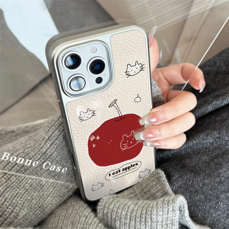 Funda de teléfono con textura de cuero con patrón de manzana ins cat eat para iPhone11/12/13/14/15/16/60 Pro Max AIR PLUS - imagen 3