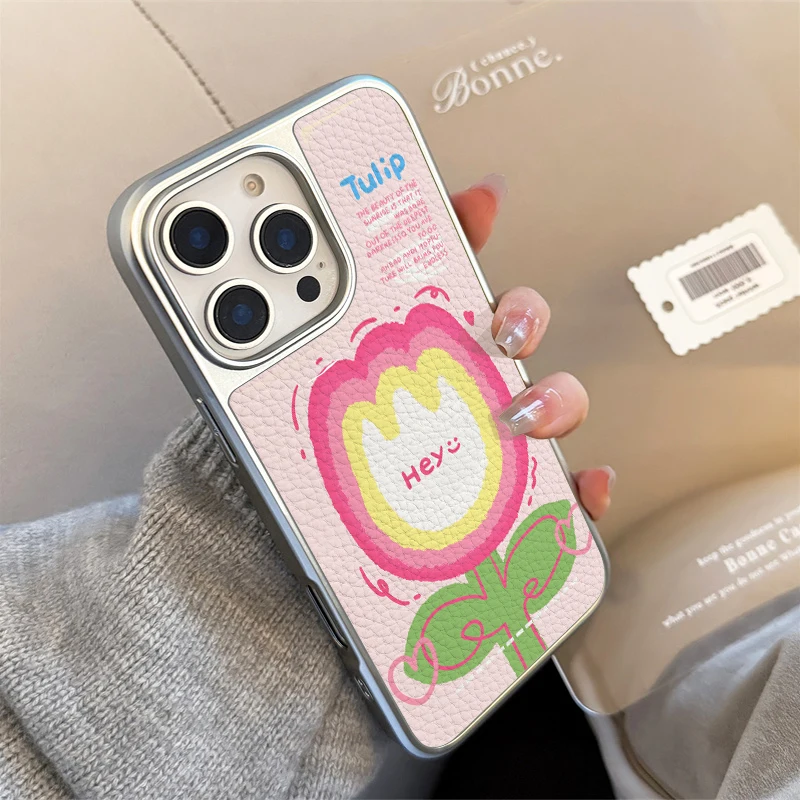 Funda de teléfono anticaída de TPU con textura de cuero de tulipán animado bonito para iPhone XR/11/12/13/14/15/16/17 Pro Max - imagen 2